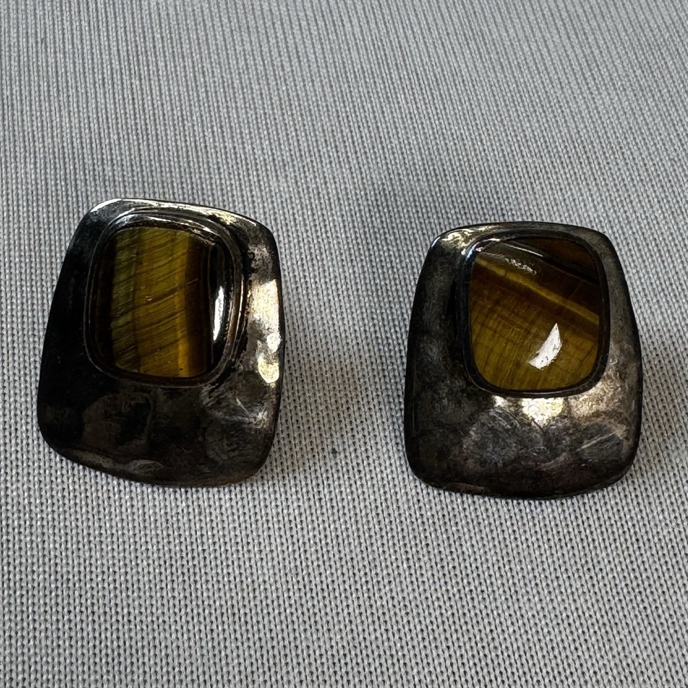 Vintage Tigers Eye & Silver Tone Earrings